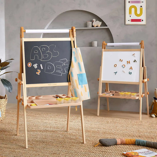 Kids art easel with double-sided chalkboard and whiteboard, wood frame and tray