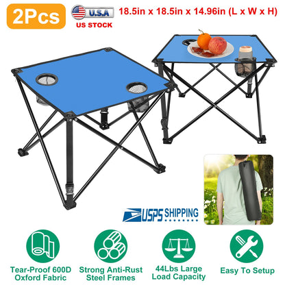 LakeForest Folding Camping Table with 2 Cup Holders – 600D Oxford, 44 lb Capacity | 18.5"x18.5" | 2.2 lbs | 1-Pc & 2-Pc Sets