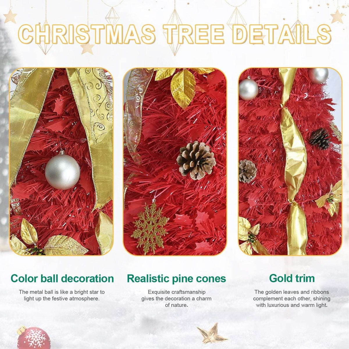 Red Christmas tree branches with LED lights, silver baubles, pine cones and gold trim