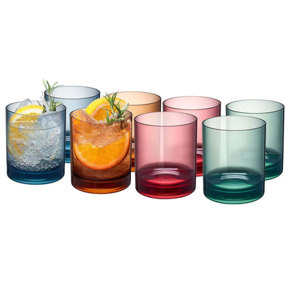 Acrylic lowball tumbler set, tinted clear cups in blue, orange, pink, red, green