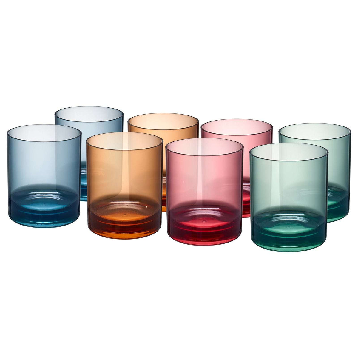 Acrylic lowball tumblers with tinted sides in blue, amber, pink, red, and teal