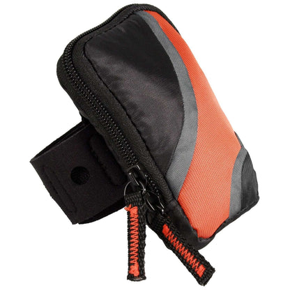 Small zippered armband phone case with black body and orange side panel