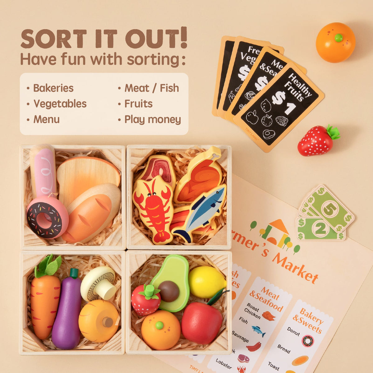 Tiny Land Wooden Play Food Set - 30+ Piece Pretend Cooking Toys