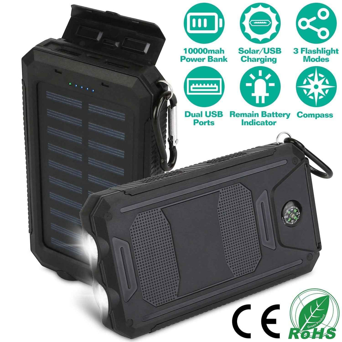 10,000mAh Solar Power Bank – Dual USB, SOS LED Flashlight & Compass | Camping, Hiking & Emergency Charger