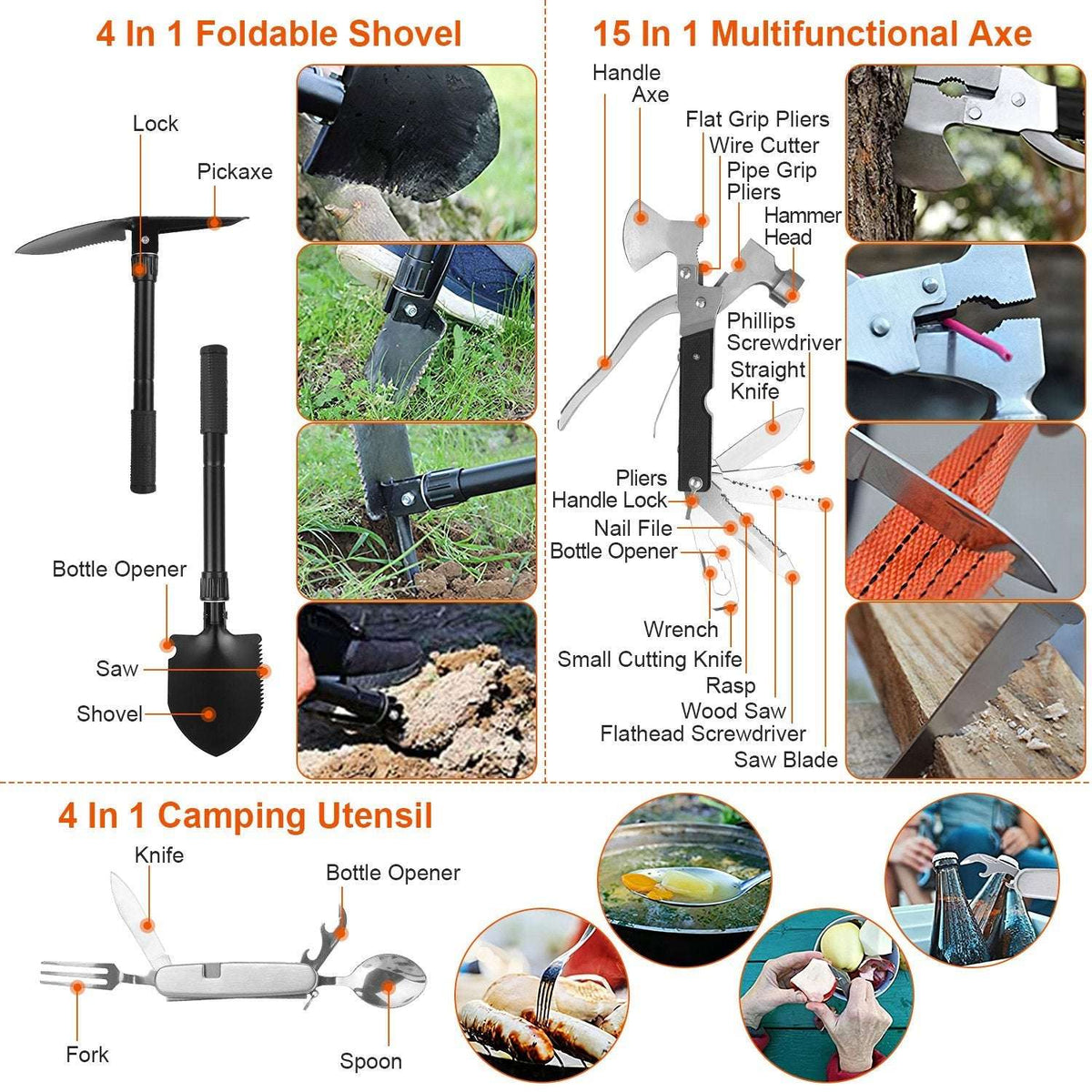 Survival kit tool guide showing a folding shovel, multifunction axe and camping utensil