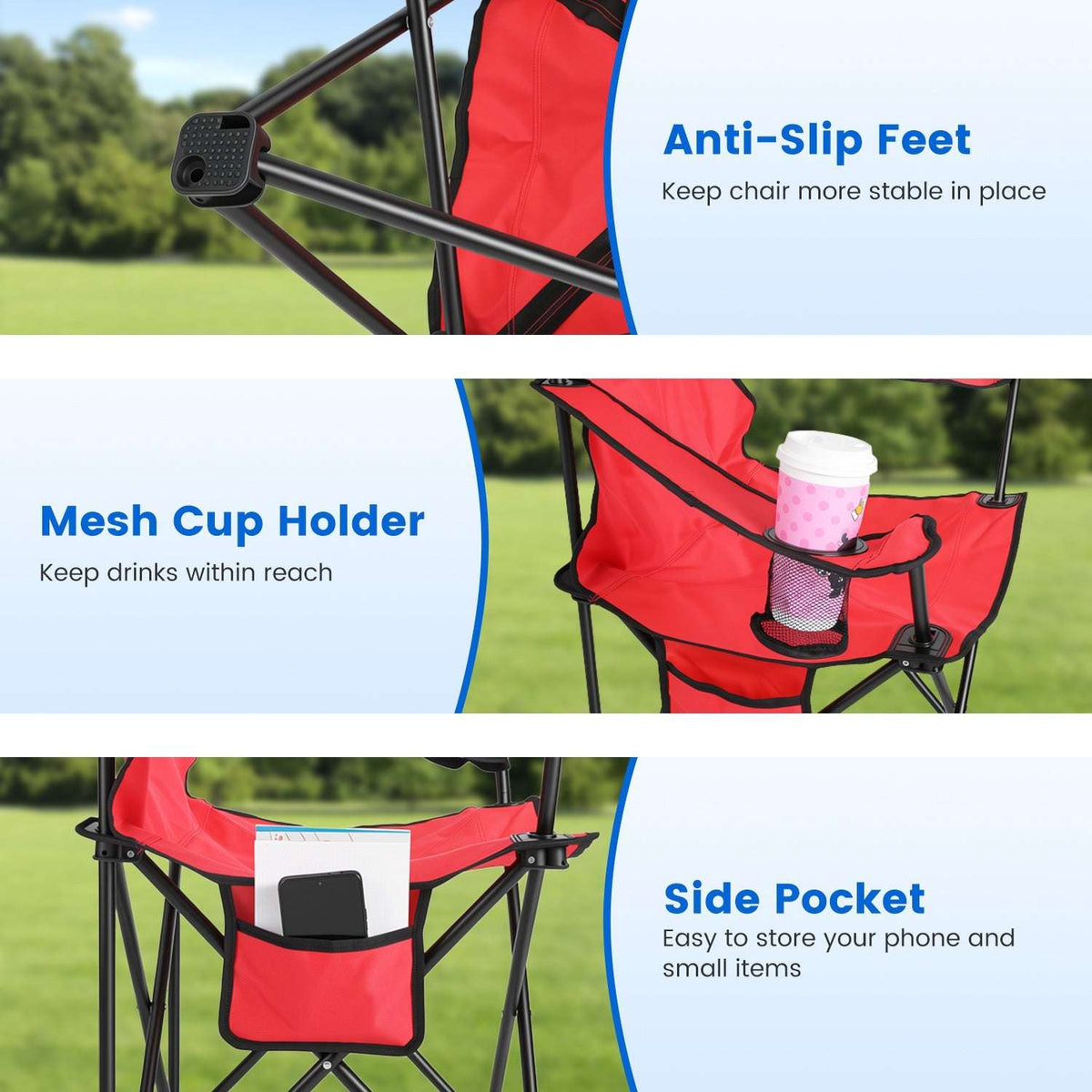 Camping chair with umbrella features: anti-slip feet, mesh cup holder, and side pocket