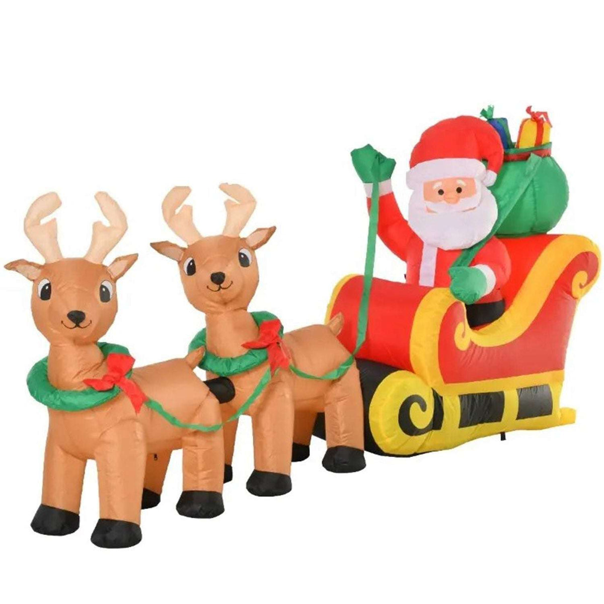 8-foot inflatable Santa sleigh with two reindeer and a green gift sack