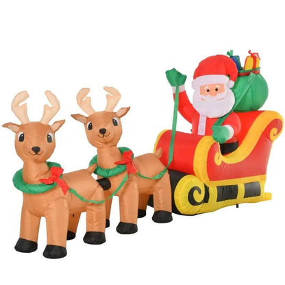 8-foot inflatable Santa sleigh with two reindeer and a green gift sack