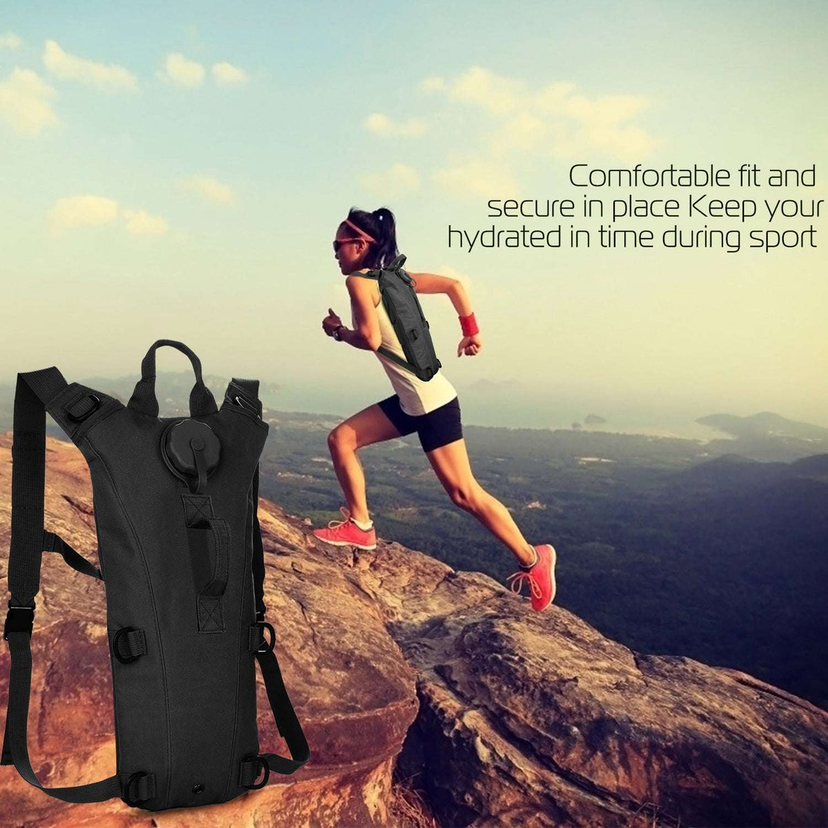 Black tactical hydration backpack with adjustable straps for hiking and running