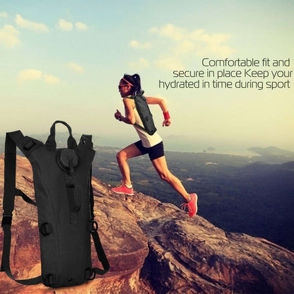 Black tactical hydration backpack with adjustable straps for hiking and running