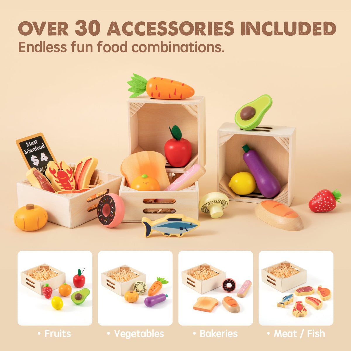 Tiny Land Wooden Play Food Set - 30+ Piece Pretend Cooking Toys