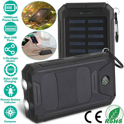 10,000mAh Solar Power Bank – Dual USB, SOS LED Flashlight & Compass | Camping, Hiking & Emergency Charger