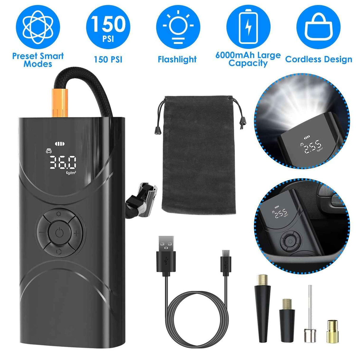 LJG Portable Wireless Car Tire Inflator 6000mAh 150 PSI LED