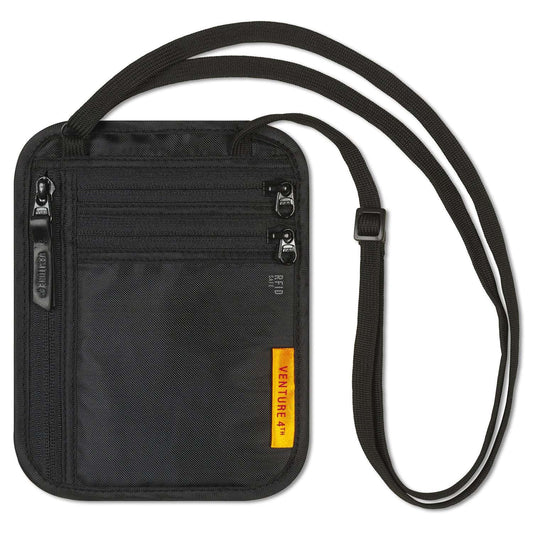 Black slim neck wallet pouch with front zipper pockets and adjustable strap.