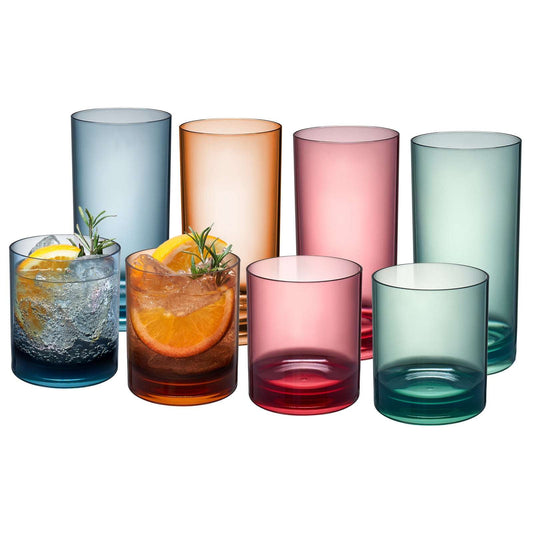 Muted acrylic tumbler glasses set of 8 in blue, orange, pink, and teal tones