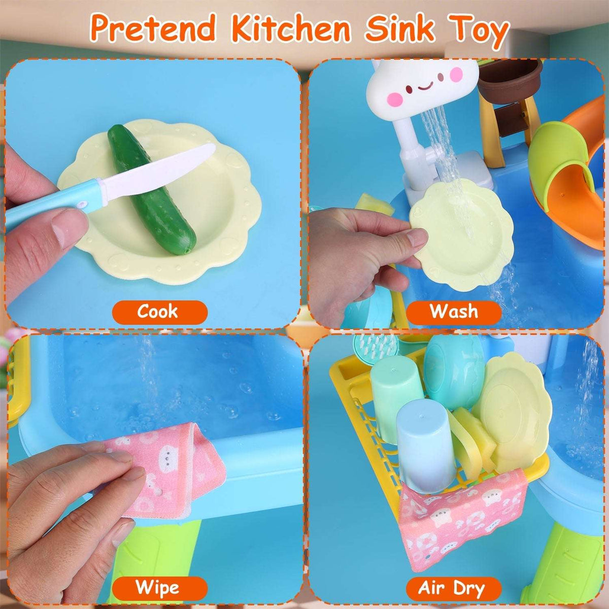 Kitchen sink toy play features with faucet water and pretend cook, wash, wipe, air-dry steps
