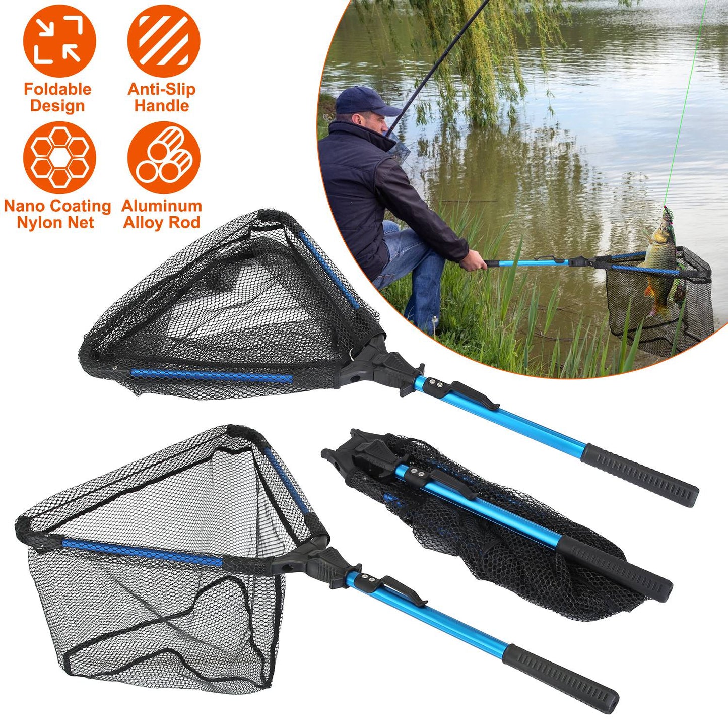 Foldable Fishing Net | Aluminum Handle | Nano-Coated Mesh | Freshwater & Saltwater | Black
