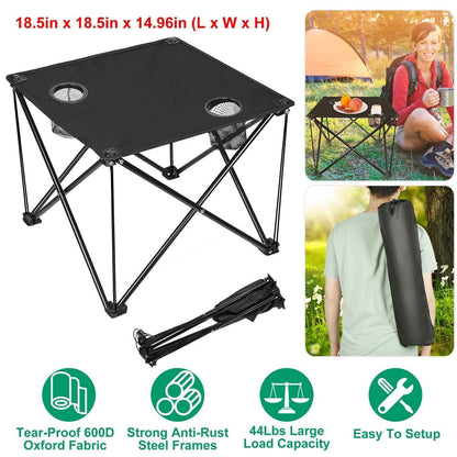 Foldable Camping Table – 600D Oxford Fabric, 44 lb Capacity | Cup Holder & Carry Bag | Camping, Picnic & Beach | Black