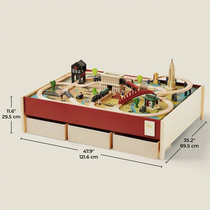 Tiny Land® 1920 Railway Adventure Train Table – 102-Piece Wooden Train Set with Play Table, Sound Effects & Storage | Ages 3+