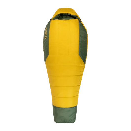Mummy sleeping bag, yellow hooded design with dark green lower section