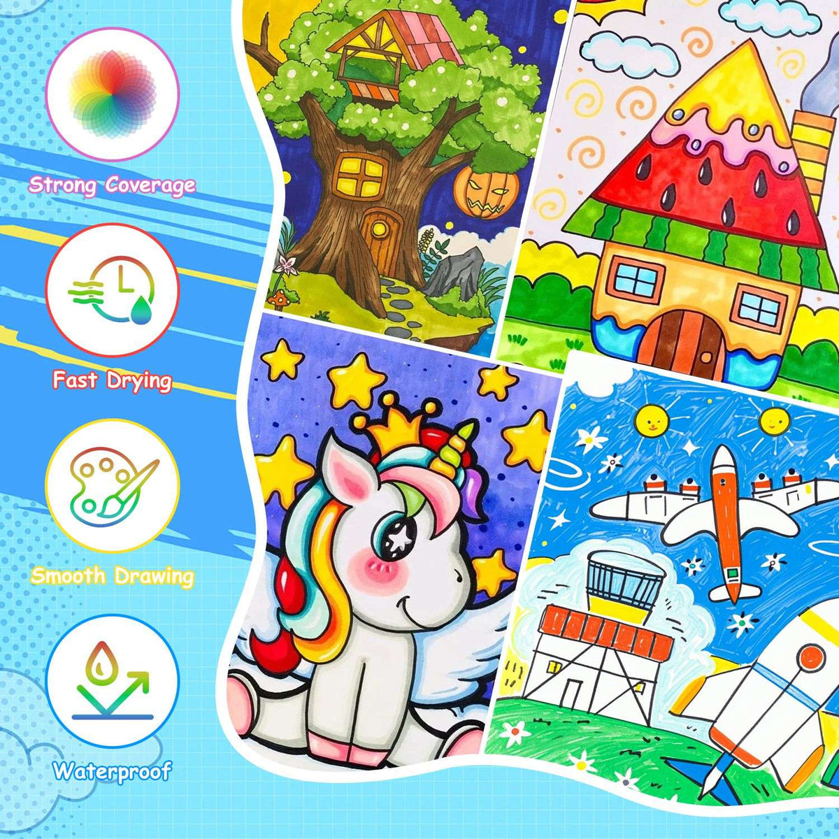 Acrylic paint marker art samples on multiple pages with colorful scenes