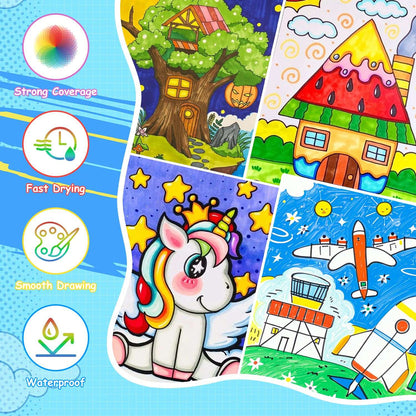 Acrylic paint marker art samples on multiple pages with colorful scenes