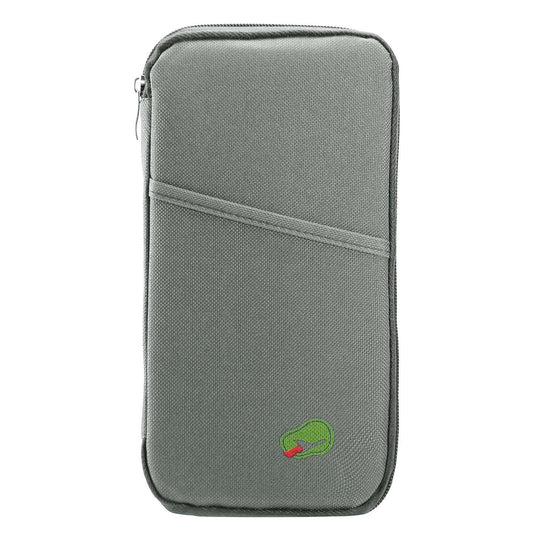 Grey travel passport wallet with zipper, front patch logo, compact rectangular organizer