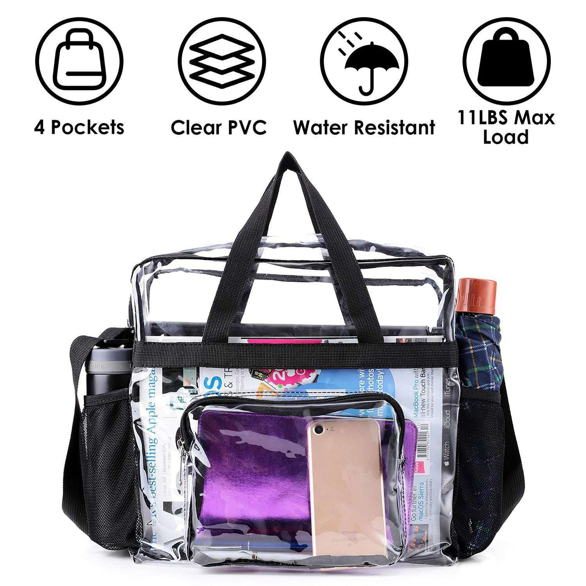 Clear PVC crossbody bag with interior compartments and black shoulder strap