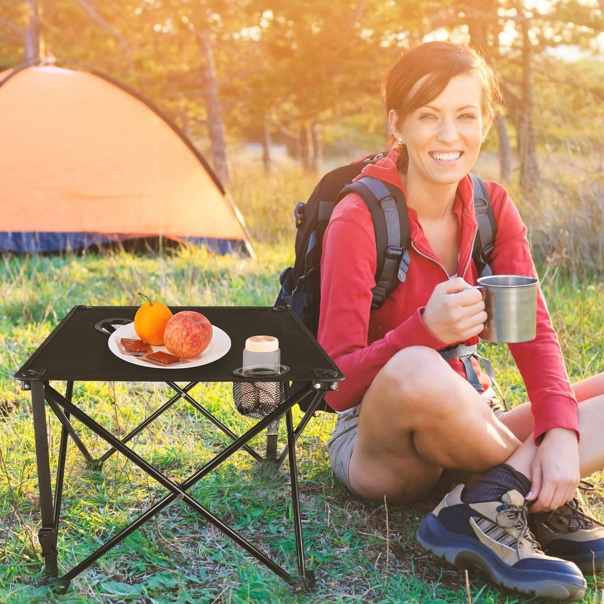 LakeForest Folding Camping Table with 2 Cup Holders – 600D Oxford, 44 lb Capacity | 18.5"x18.5" | 2.2 lbs | 1-Pc & 2-Pc Sets