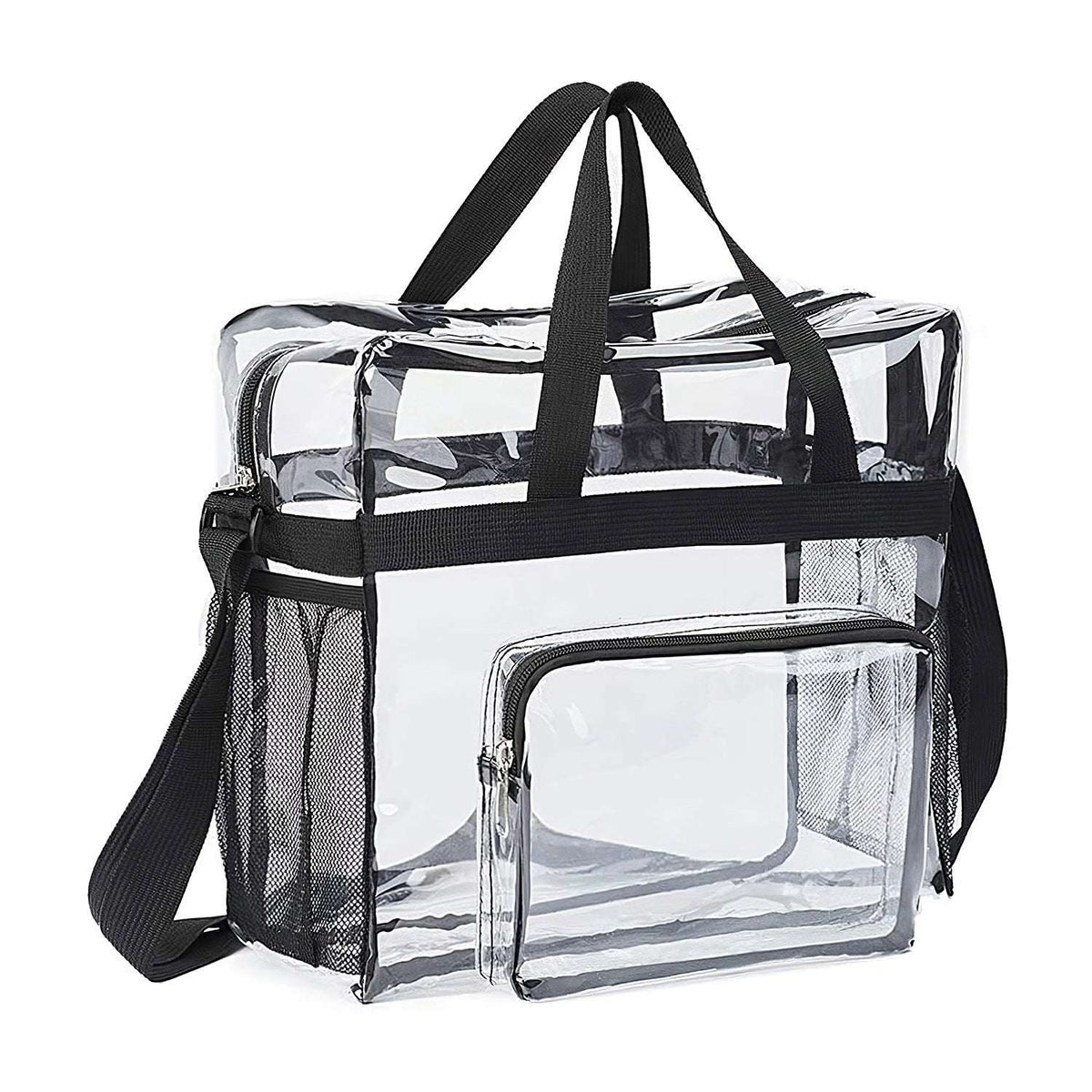 Clear PVC crossbody tote bag with black webbing handles and front zip pocket