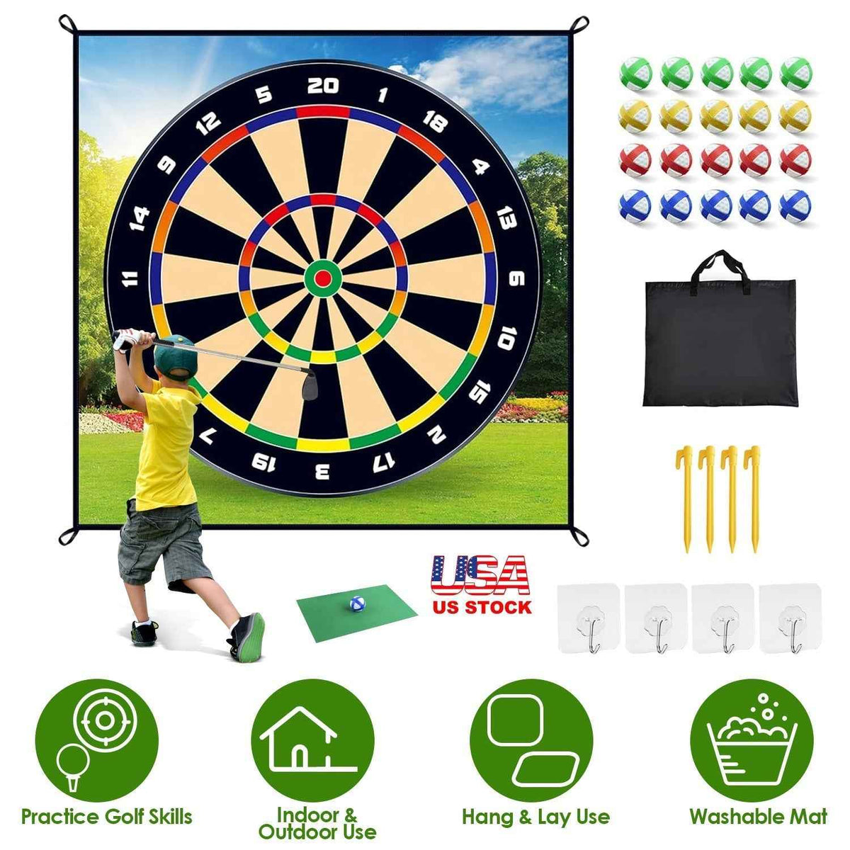 Golf Chipping Dart Game Mat Set with Sticky Balls and Carry Bag