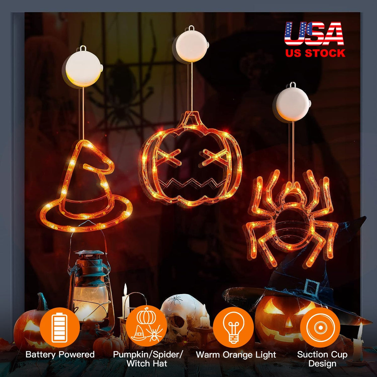 LJG 3 Pack Halloween LED Window Lights - Spider Witch Pumpkin