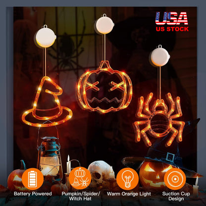 LJG 3 Pack Halloween LED Window Lights - Spider Witch Pumpkin