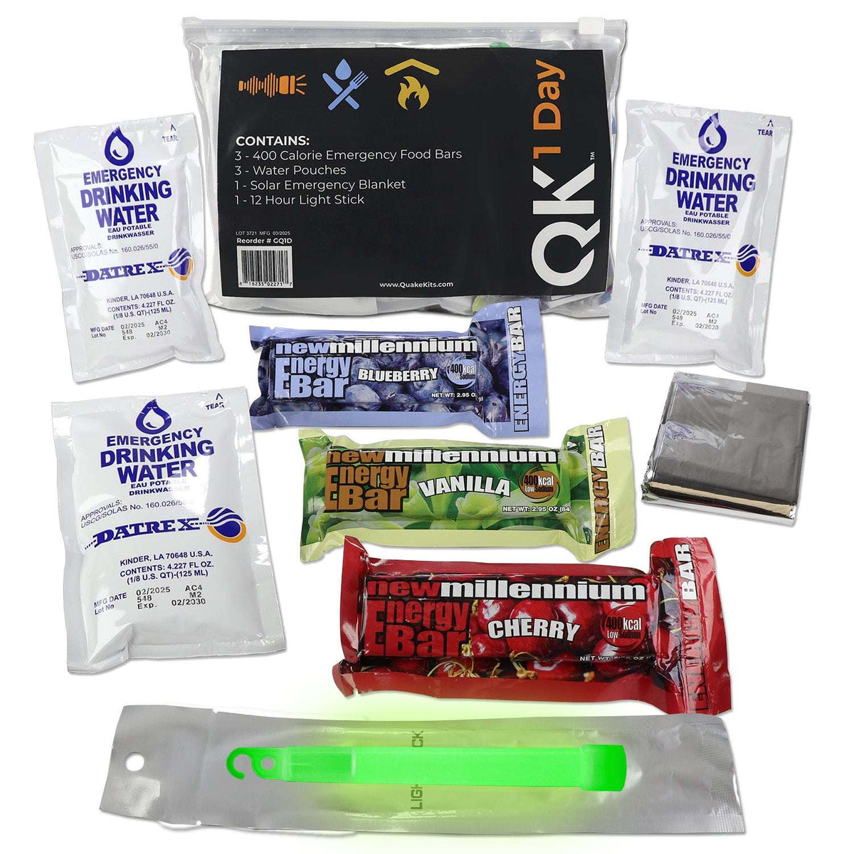 Emergency survival kit items in clear bag: water pouches, food bars, light stick, blanket.