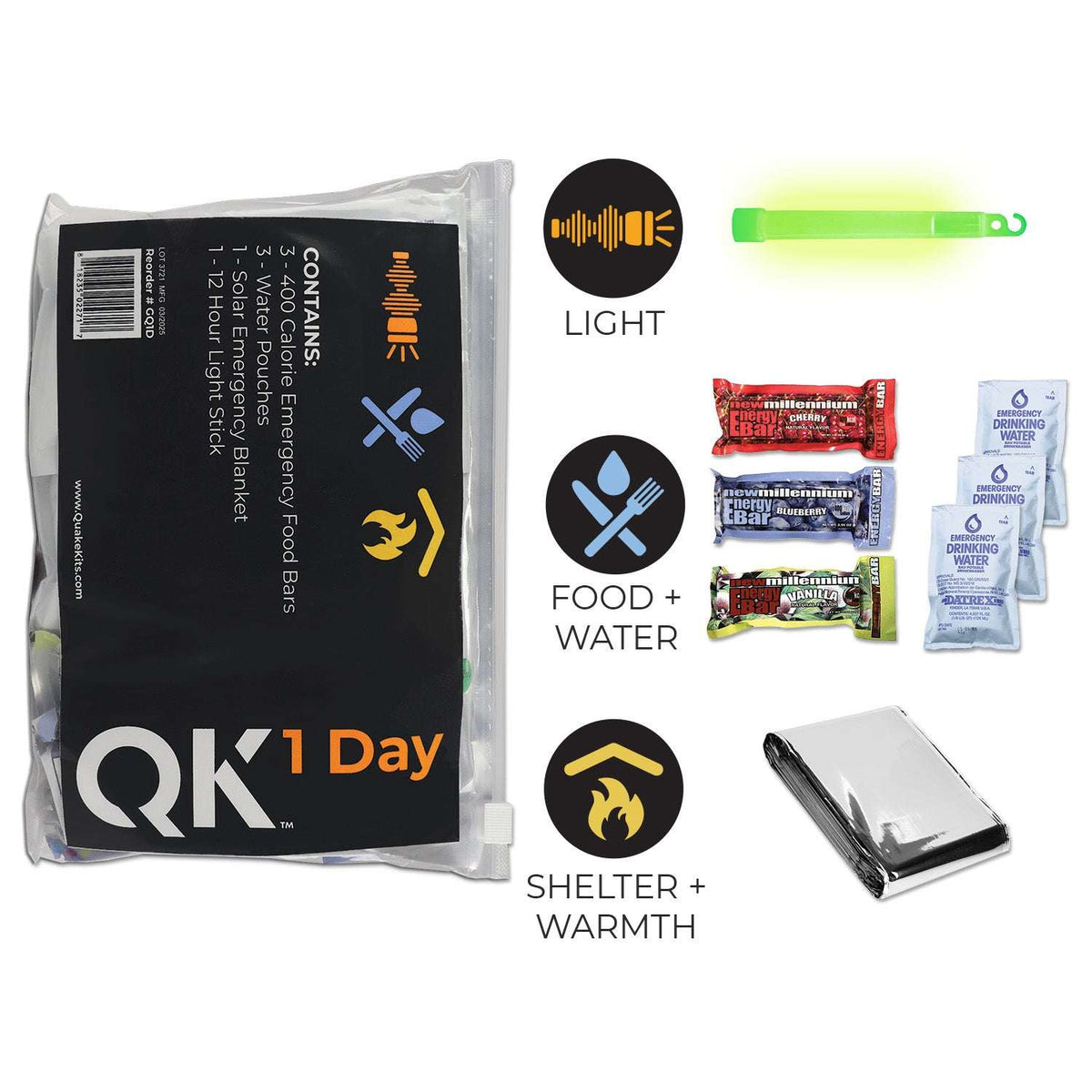 Emergency survival kit in clear resealable bag with K1 Day label and contents.