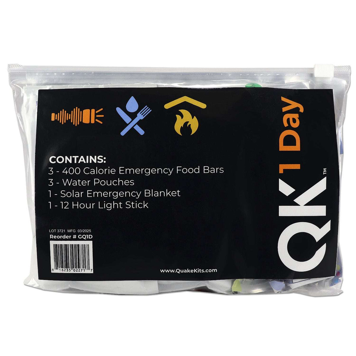 K1 Day emergency survival kit in clear resealable bag with contents list on front.