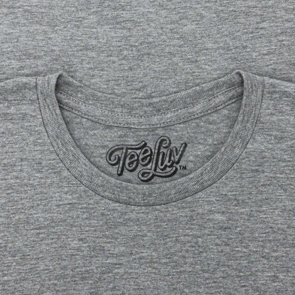 Heather gray T-shirt with Teeluv logo at crew neckline