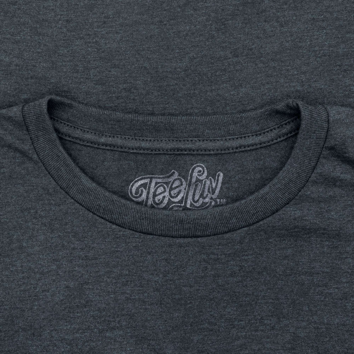 Heather dark gray crew-neck T-shirt with Tee Luv logo patch at neckline