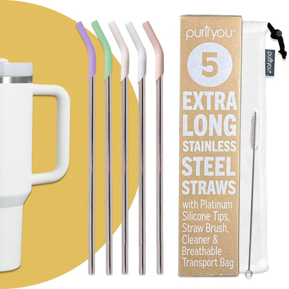 purifyou 14.5" Stainless Steel Straws with Silicone Tips - Set of 5