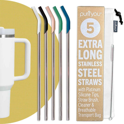 purifyou 14.5" Stainless Steel Straws with Silicone Tips - Set of 5