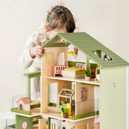Tiny Land Sweetwood Edge Wooden Dollhouse - 48pc Green & Pink