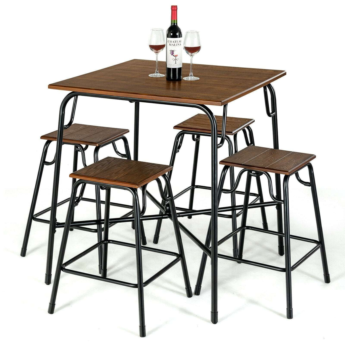 Rustic brown bar table with four matching backless stools and black metal frames.