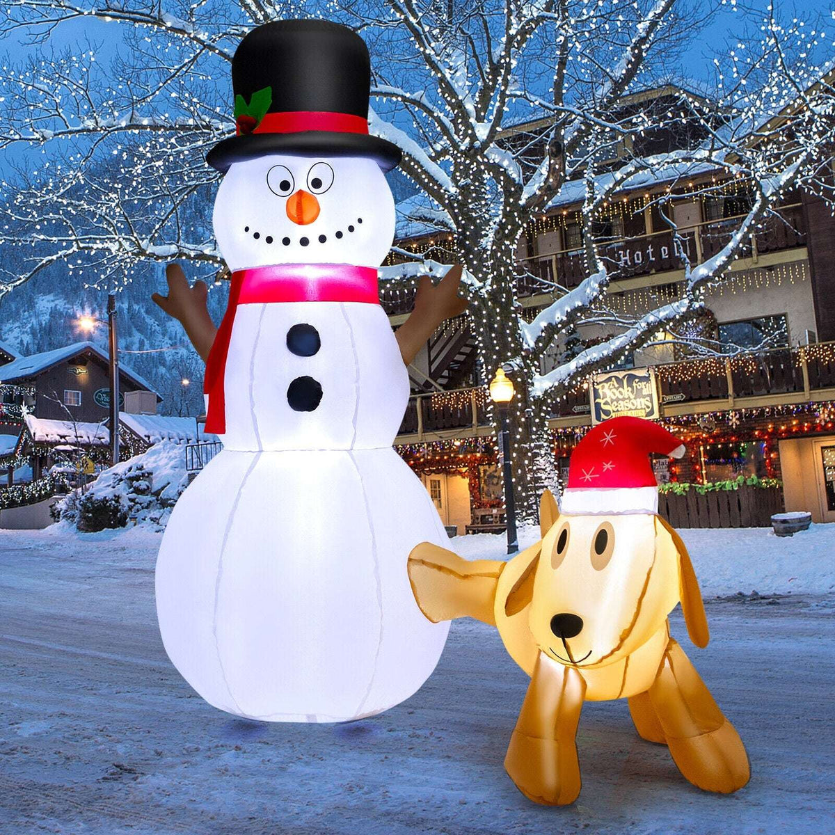 Inflatable snowman and tan dog Christmas decoration with LED lights and festive hats