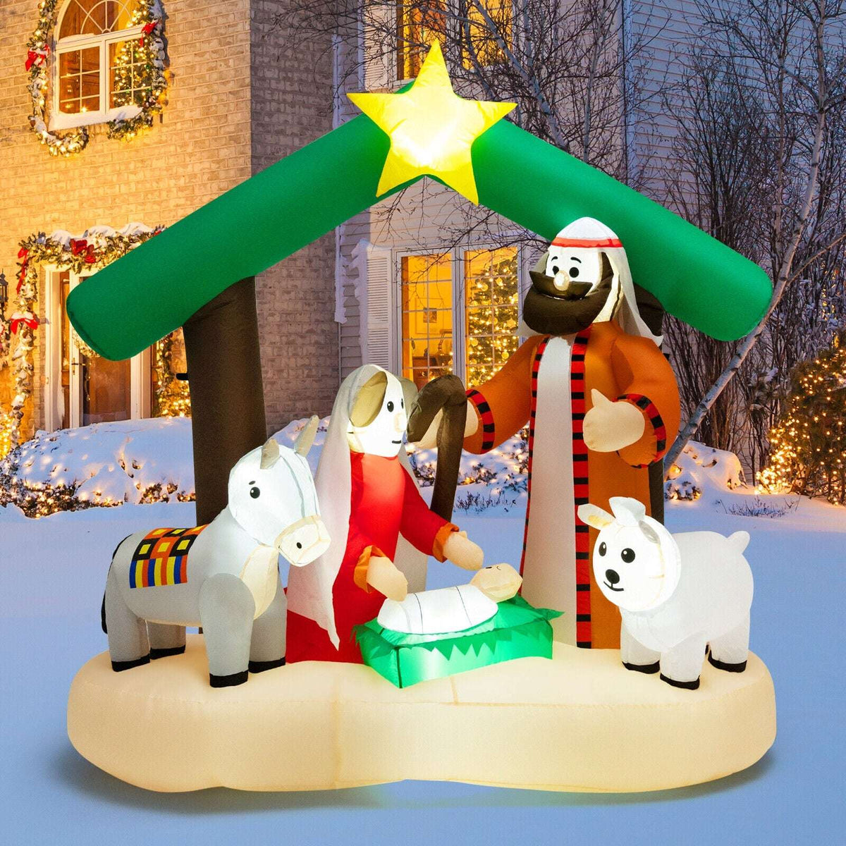 Nativity scene inflatable with star-topped stable, Mary, Joseph, baby Jesus, donkey and sheep
