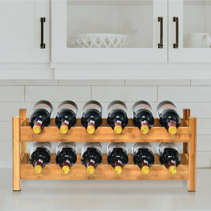 2-Tier Bamboo Wine Rack for 12 Bottles with Horizontal Storage