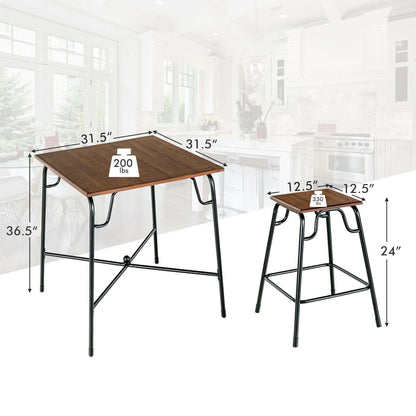 Bar table and stool dimensions: table is 31.5 inches wide and 36.5 inches tall; stool is 24 inches tall.