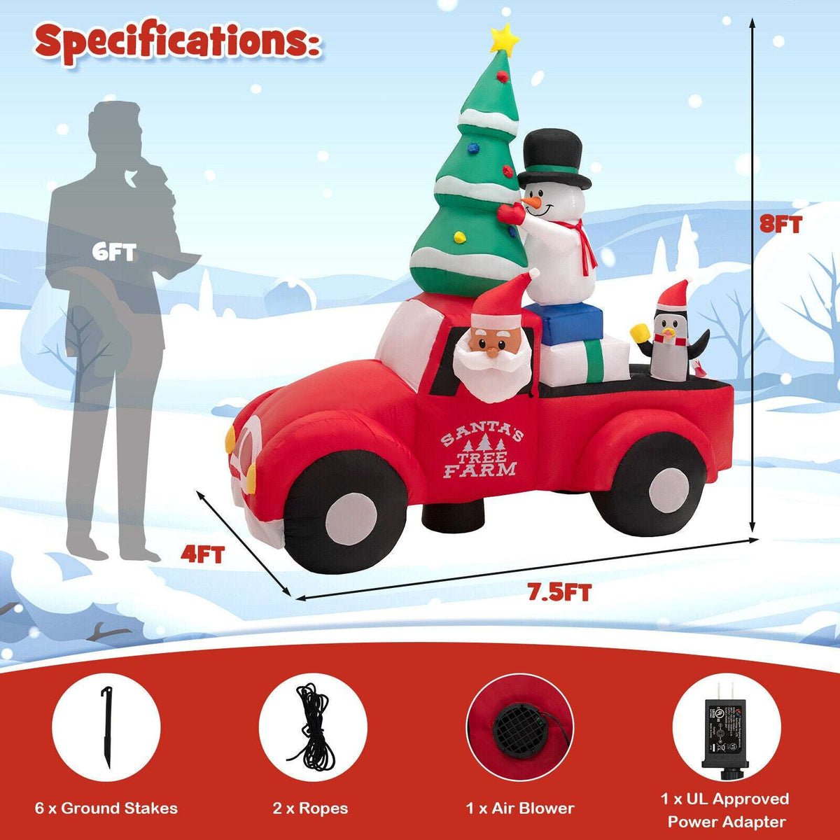Inflatable Christmas pickup with Santa, tree, snowman and penguin; dimensions and included accessories shown.