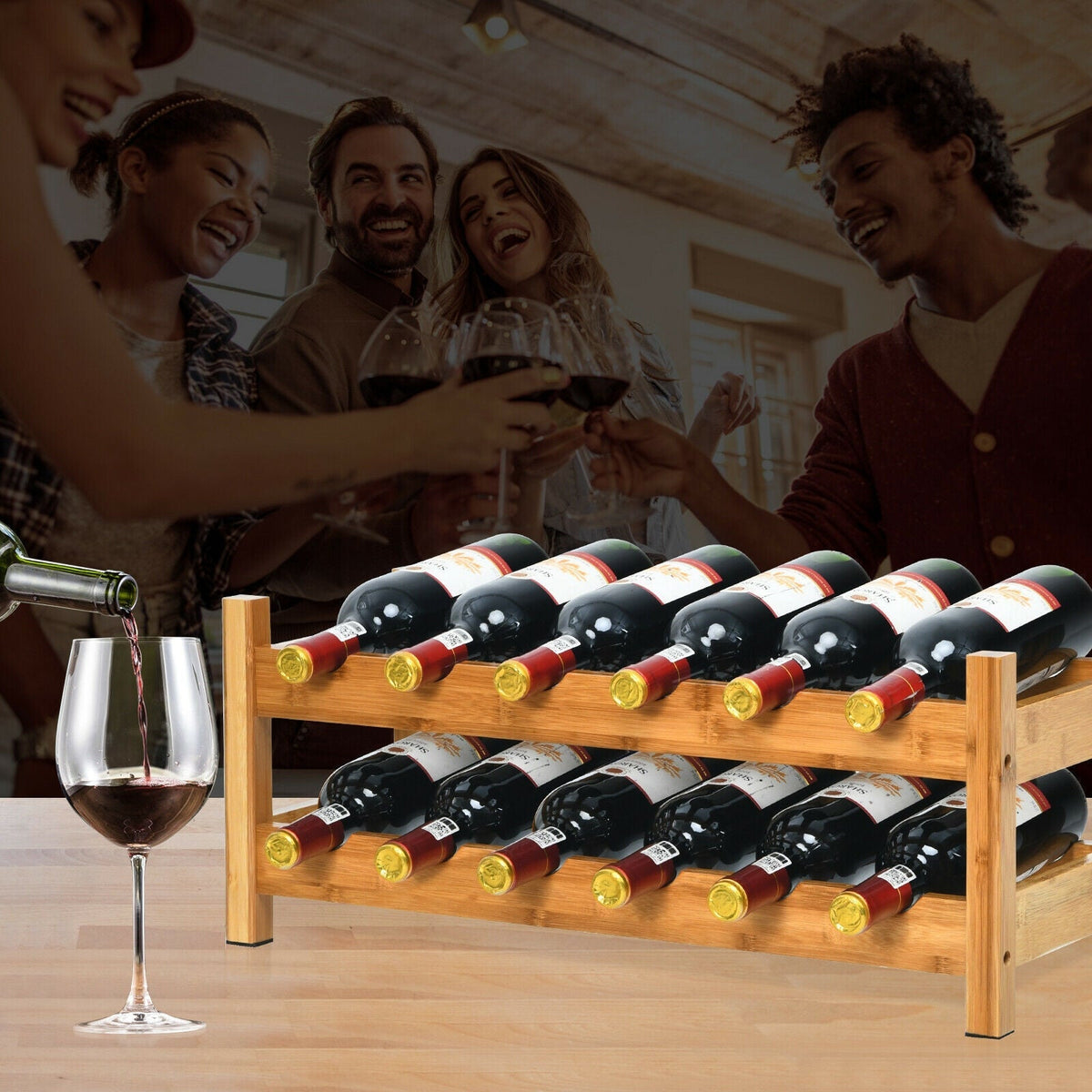 2-Tier Bamboo Wine Rack for 12 Bottles with Horizontal Storage