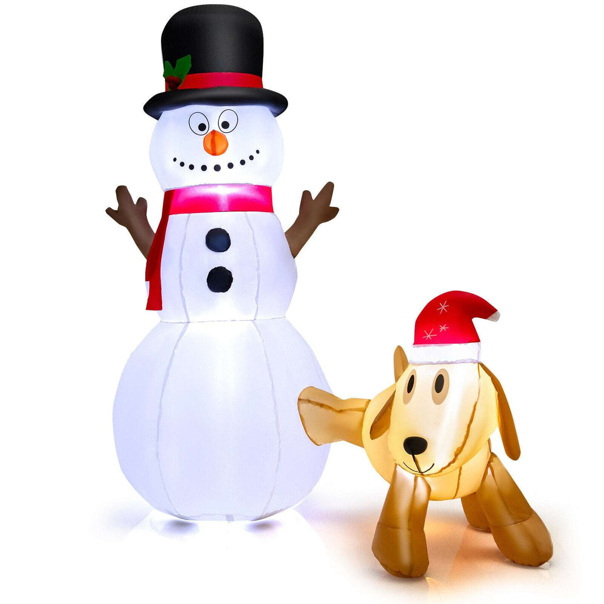 Inflatable snowman and tan dog decoration, shown together with top hats and red scarves