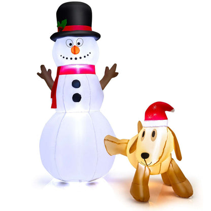 Inflatable snowman and tan dog decoration, shown together with top hats and red scarves